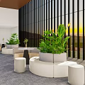 Modern Lounge Area With White Curved Sofas Black Slat Walls Green Plants Sunset View