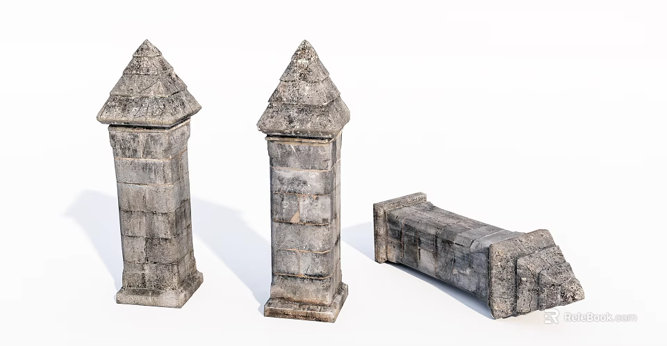 Ancient Stone Pillars With Conical Tops And Rectangular Block Structure 3d model 