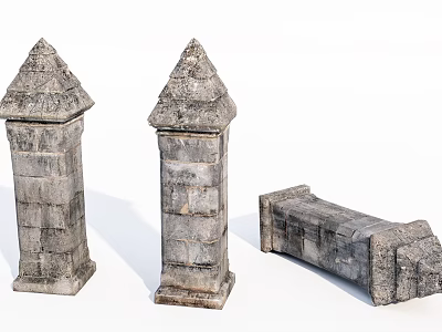 Ancient Stone Pillars With Conical Tops And Rectangular Block Structure 3d model