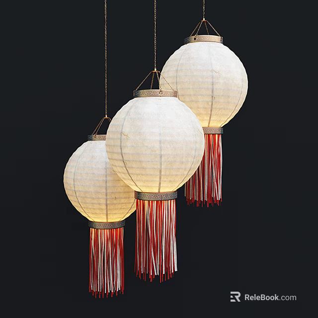 Three White Paper Lanterns with Red and White Tassels Hanging on Black Background 3d model 