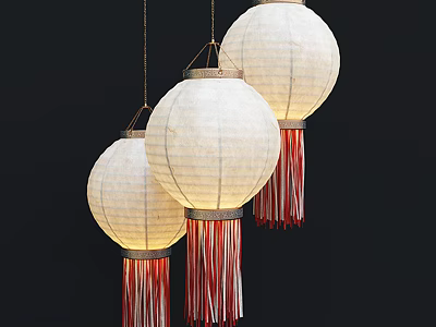 Three White Paper Lanterns with Red and White Tassels Hanging on Black Background 3d model