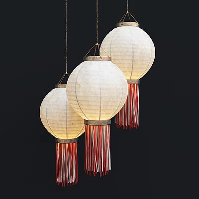 Three White Paper Lanterns with Red and White Tassels Hanging on Black Background 3d model