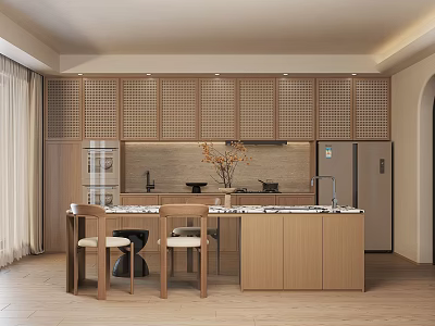 Modern Restaurant Interior With Open Kitchen Wooden Cabinets Island Chairs And Refrigerator 3d model