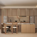 Modern Restaurant Interior With Open Kitchen Wooden Cabinets Island Chairs And Refrigerator