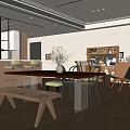 Modern Restaurant Interior With Long Dining Table Transparent Chairs And Herringbone Wooden Floor