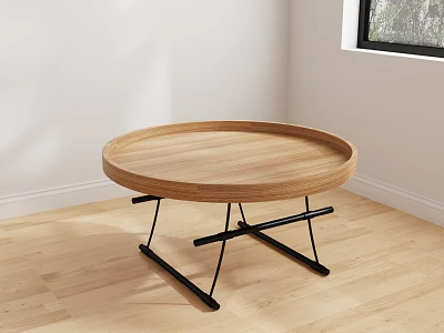 Round Wooden Coffee Table With Tray Top And Black Metal Cross Legs On Wooden Floor 3d model