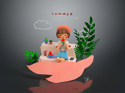 Little Girl Enjoying Summer Time Eating Watermelon With Green Plants Clouds And Heart Decorations 3d model