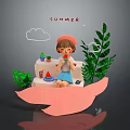 Little Girl Enjoying Summer Time Eating Watermelon With Green Plants Clouds And Heart Decorations