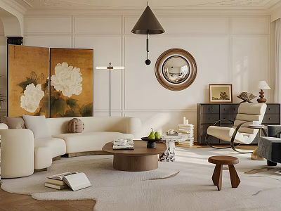 Elegant Modern Living Room Interior With Beige Sofa Round Coffee Table And Decorative Elements 3d model