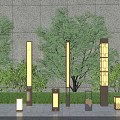 Various Styles of Illuminated Outdoor Lights in Garden with Grass Trees and Stone Wall