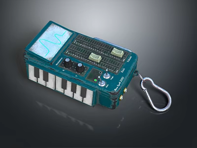 Teal Portable Electronic Musical Instrument with Keyboard Control Panel Wave Display Knobs and Carabiner Clip 3d model