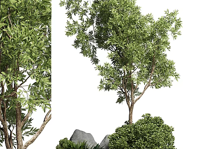 Lush Arbor with Green Leaves and Brown Trunk Surrounded by Shrubs and Rocks 3d model