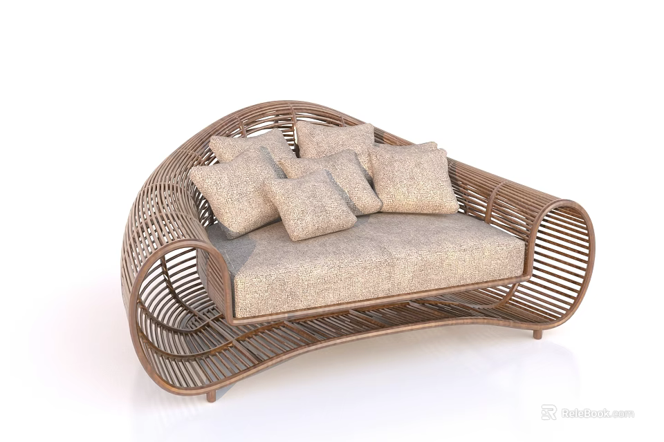 Modern Rattan Multi Seater Sofa With Beige Cushions And Curved Design 3d model