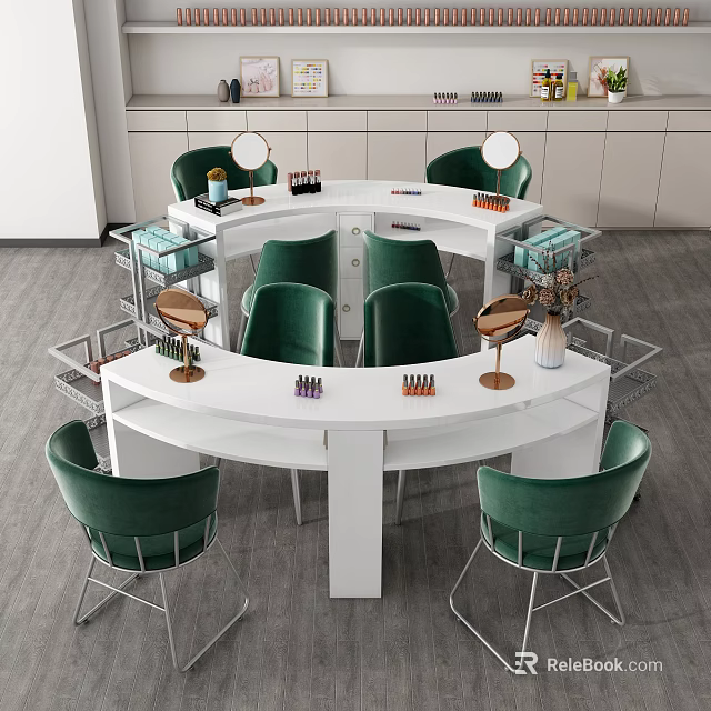 Modern Functional Table With Round Design Green Chairs Nail Tools And Storage Racks 3d model