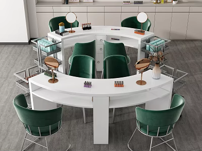 Modern Functional Table With Round Design Green Chairs Nail Tools And Storage Racks 3d model