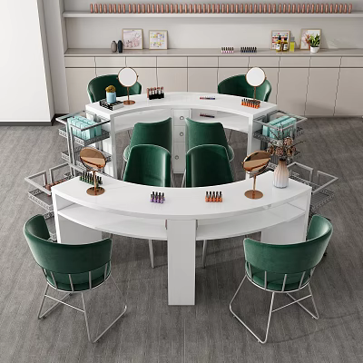 Modern Functional Table With Round Design Green Chairs Nail Tools And Storage Racks 3d model