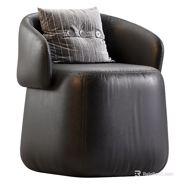 Modern Black Leather Armchair With Plaid Pillow And Decorative Buttons 3d model 
