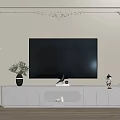 Modern White TV Cabinet with Decorative Items Floor Lamp Against Ornate Wall Panels