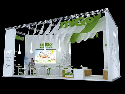 Mico Exhibition Booth With White And Green Design Curved Decorations And Pendant Lights 3d model