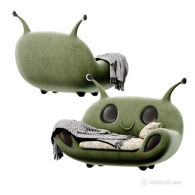 Green Cartoon Shaped Two Seater Sofa With Antennae Plaid Blanket And Cushions 3d model 