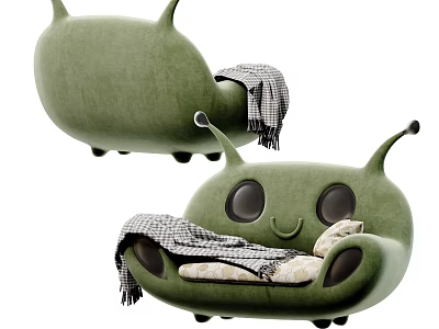 Green Cartoon Shaped Two Seater Sofa With Antennae Plaid Blanket And Cushions 3d model