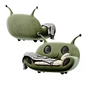 Green Cartoon Shaped Two Seater Sofa With Antennae Plaid Blanket And Cushions