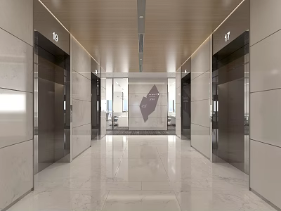Modern Elevator Lobby With Marble Flooring Elevator Doors Stone Walls And Recessed Lighting 3d model