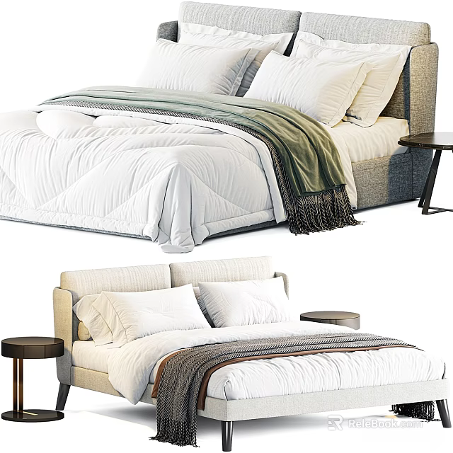 Modern Minimalist Double Bed With White Quilt Green Blanket And Nightstand 3d model 