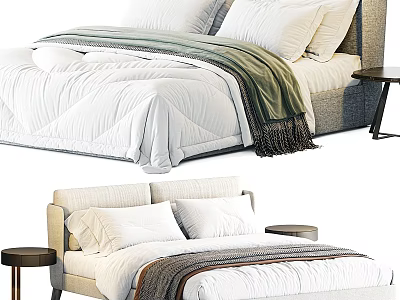 Modern Minimalist Double Bed With White Quilt Green Blanket And Nightstand 3d model