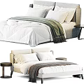 Modern Minimalist Double Bed With White Quilt Green Blanket And Nightstand