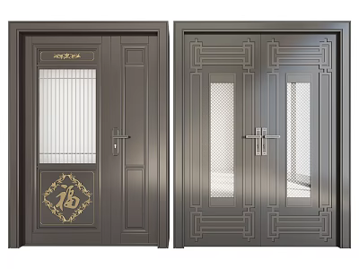 Chinese Style Decorative Doors With Golden Fortune Character Carved Patterns And Glass Panels 3d model