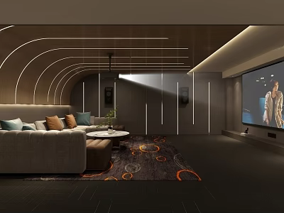Modern Home Theater Interior Design With Comfortable Sofa Large Screen Ambient Lighting And Decorative Rug 3d model