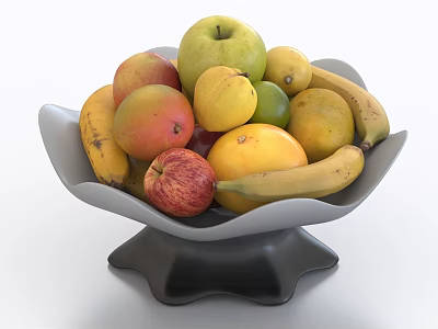 Assorted Fresh Fruits in White Bowl with Black Base Including Bananas Apples Mangoes and Lemons 3d model