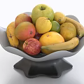 Assorted Fresh Fruits in White Bowl with Black Base Including Bananas Apples Mangoes and Lemons