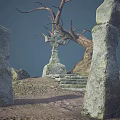 Desolate Hill Scene With Dead Tree Stone Cross And Stone Monuments