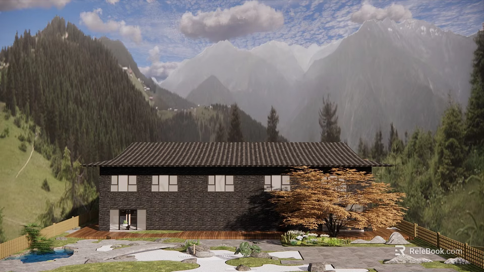 Mountain Homestay Building with Tile Roof Stone Walls and Surrounding Green Trees 3d model 