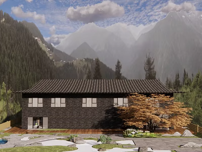 Mountain Homestay Building with Tile Roof Stone Walls and Surrounding Green Trees 3d model