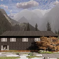 Mountain Homestay Building with Tile Roof Stone Walls and Surrounding Green Trees