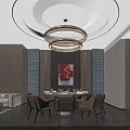 Luxurious Private Dining Room Interior With Round Table Chandelier Red Artwork And Sofa 3d model