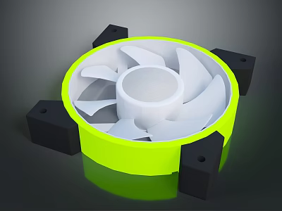 Computer Cooling Fan With Yellow Frame White Blades And Black Mounting Blocks 3d model