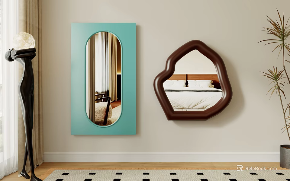 Light Blue Rectangular and Dark Brown Petal Shaped Mirrors on Light Colored Wall with Reflections 3d model