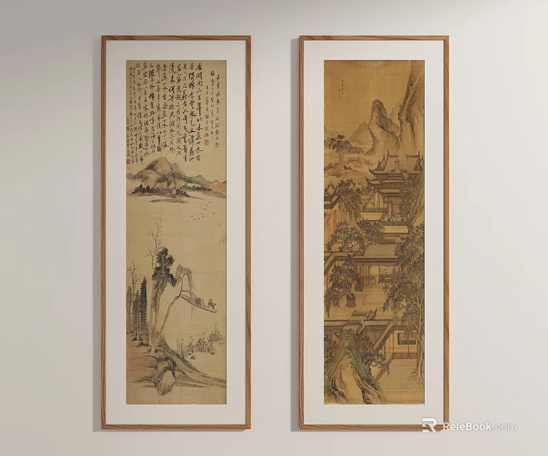 Traditional Chinese Landscape Paintings With Calligraphy And Architecture In Wooden Frames On Wall 3d model 