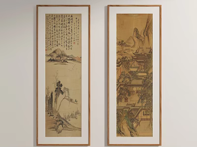Traditional Chinese Landscape Paintings With Calligraphy And Architecture In Wooden Frames On Wall 3d model