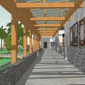 Outdoor Walkway with Wooden Pergola Stone Pathway Palm Trees Stone Walls and Decorative Paintings