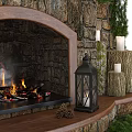 Stone Fireplace Wall Decorated With Greenery Candles Lantern And Burning Flames 3d model