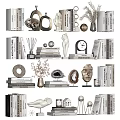 Stylish Decorative Ornaments Set With Sculptures Stacked Books Vases Clock Shells And Geometric Decor