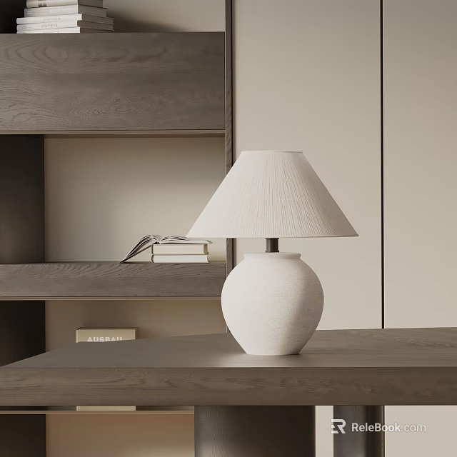 White Spherical Base Table Lamp on Wooden Tabletop with Bookshelf and Books 3d model 