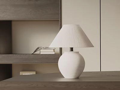 White Spherical Base Table Lamp on Wooden Tabletop with Bookshelf and Books 3d model
