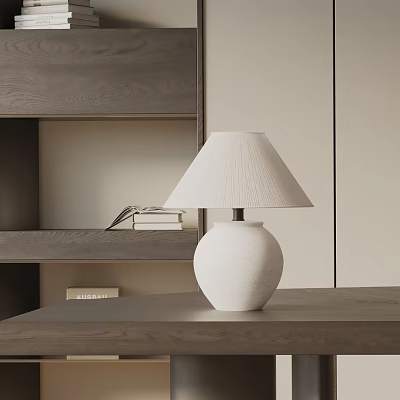 White Spherical Base Table Lamp on Wooden Tabletop with Bookshelf and Books 3d model