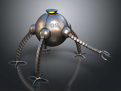 Metallic Spherical Robot Creature With Yellow Light Number 09 And Clawed Mechanical Legs 3d model
